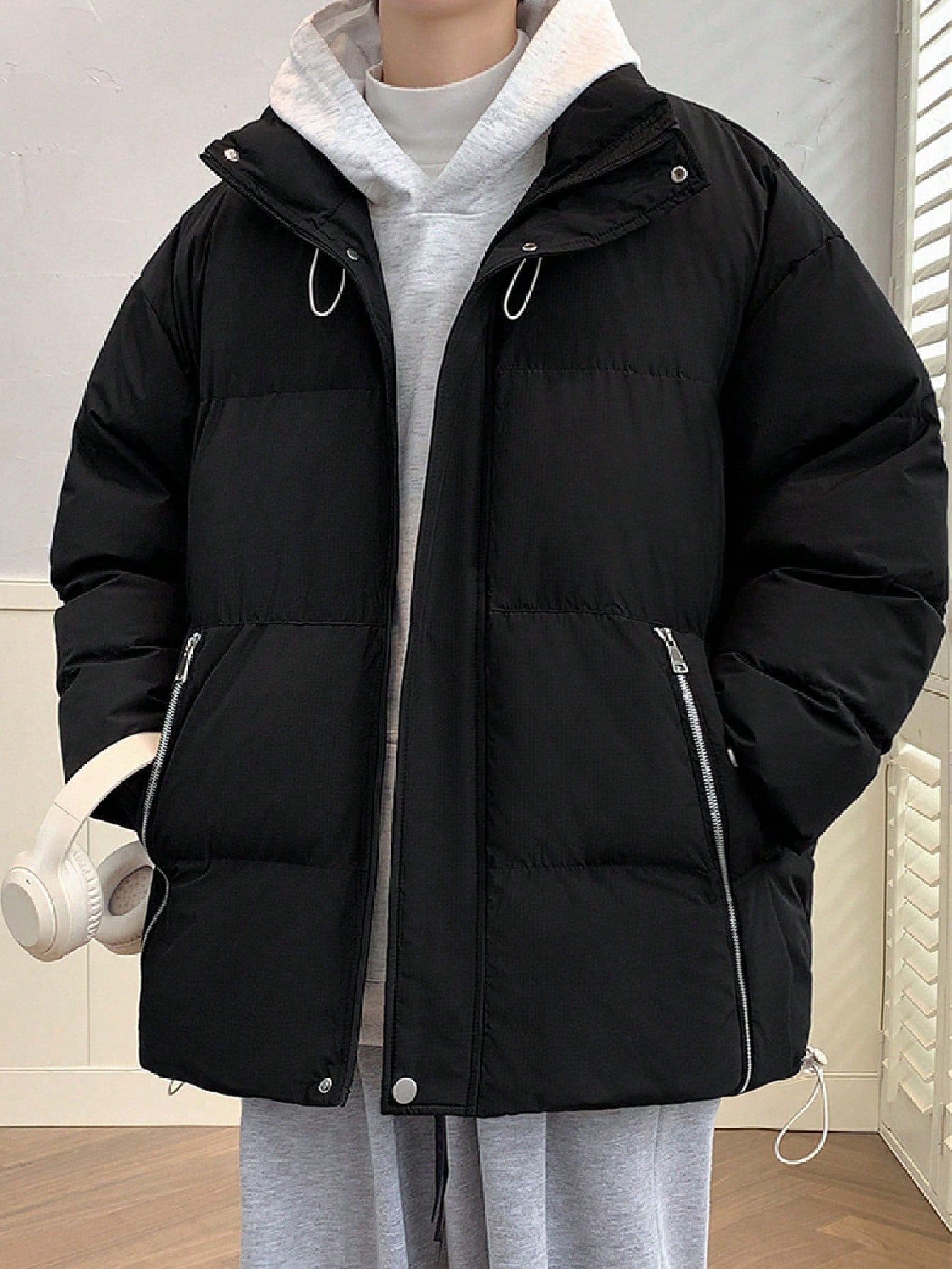 Loose Fit Men's Zip Up Drawstring Puffer Coat