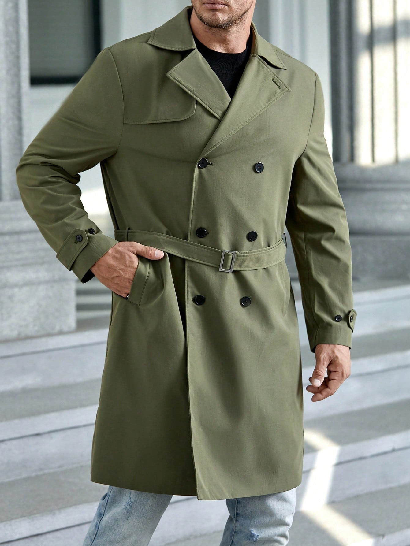 Men Plus Double Breasted Belted Trench Coat