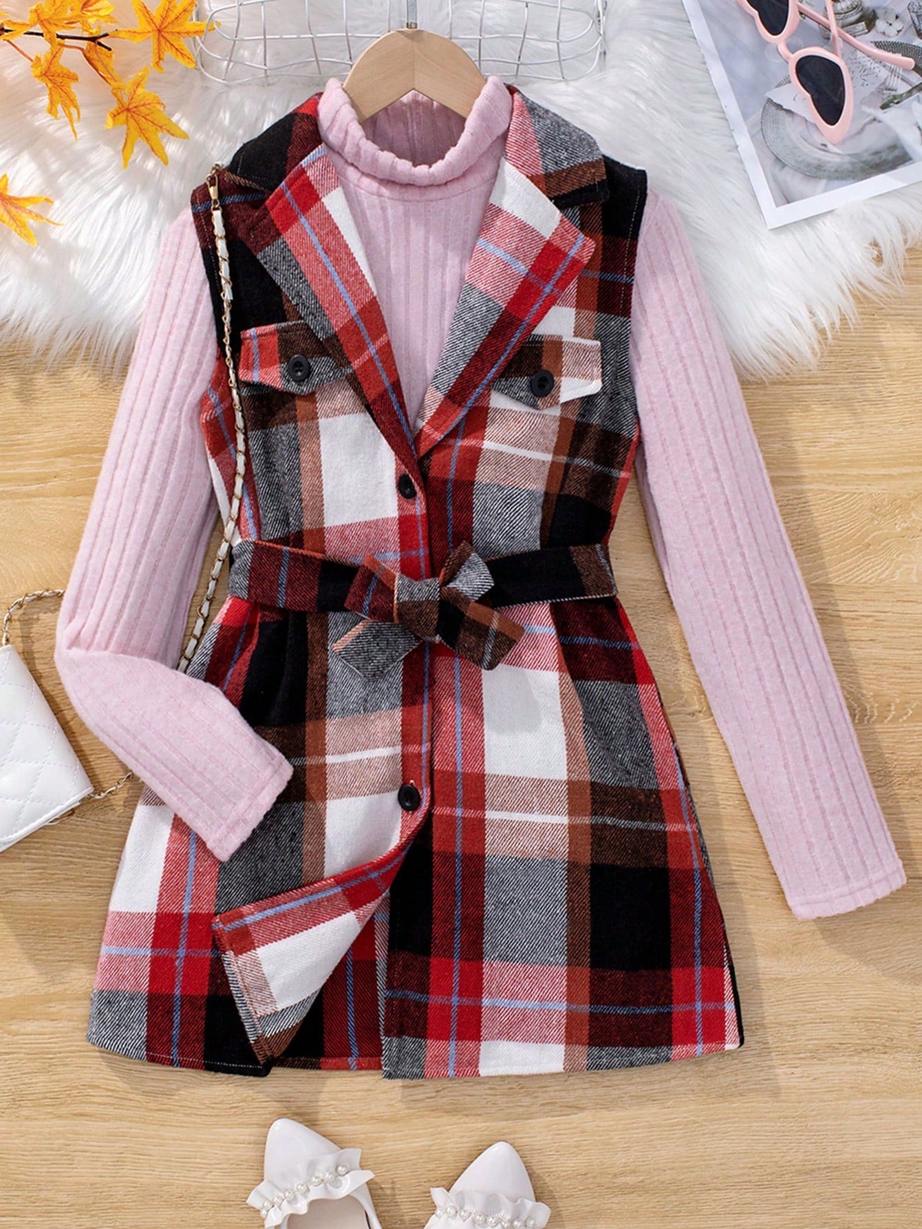 Tween Girls' Plaid Lapel Waistcoat With Belted And Coat Plus Solid Color High-necked T-shirt