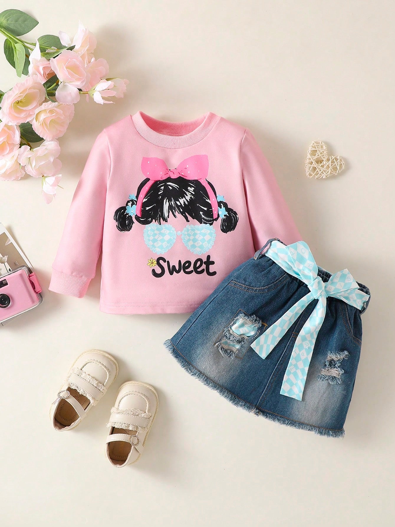 Baby Girls' Letter Printed Sweatshirt With Hole Detail And Fringe Hem, Denim Skirt With Belt 2pcs Set