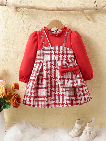 Baby Girls' Stylish Peter Pan Collar Plaid Dress With Ear Decoration, Autumn And Winter