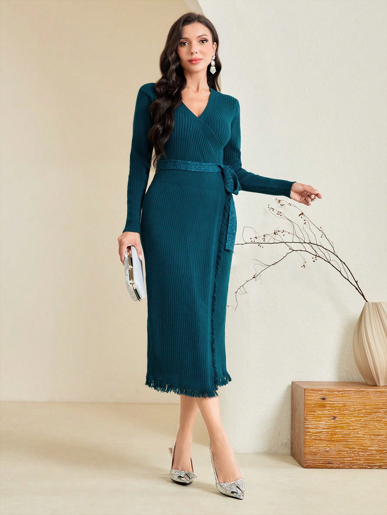 Surplice Neck Belted Sweater Dress