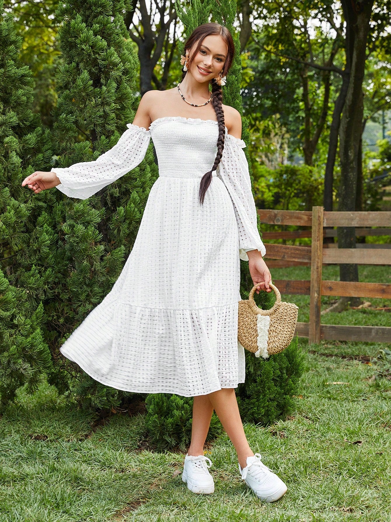 Off Shoulder Lantern Sleeve Ruffle Hem Dress