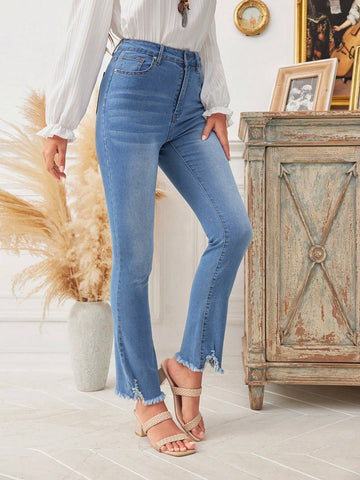 High Waist Raw Hem Flare Leg Jeans