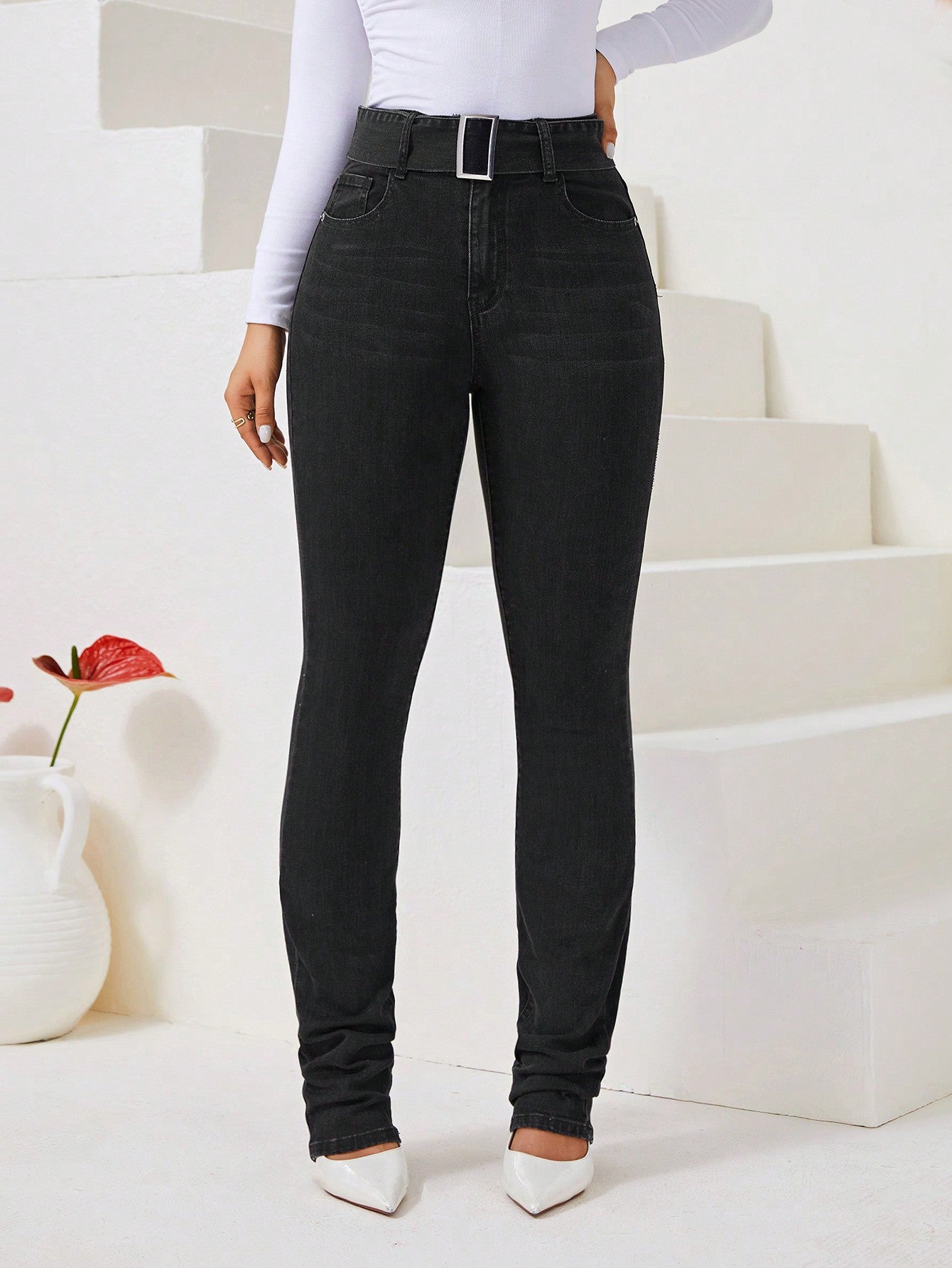 High Waist Belted Skinny Jeans