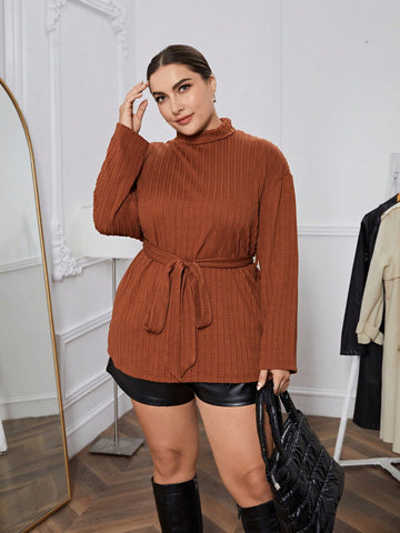 Plus Turtleneck Drop Shoulder Belted Tee