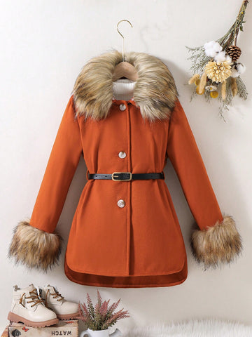 Girls' Woolen Coat With Fur Collar, For Older Children