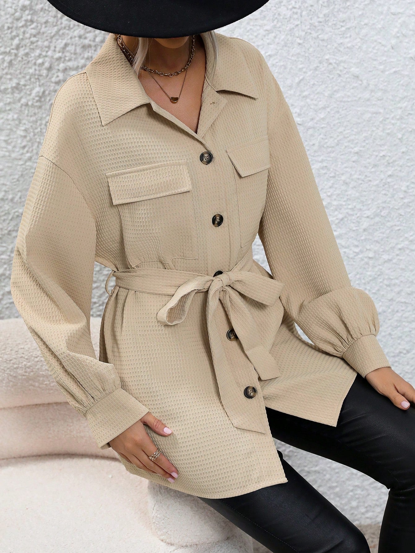 Flap Pocket Drop Shoulder Belted Coat