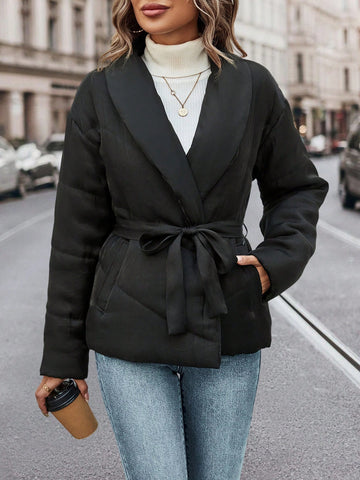 Shawl Collar Padded Coat With Diagonal Pockets And Waist Belt