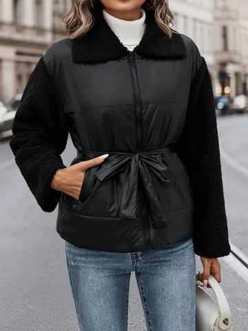 Shearling Collar Belted Padded Coat