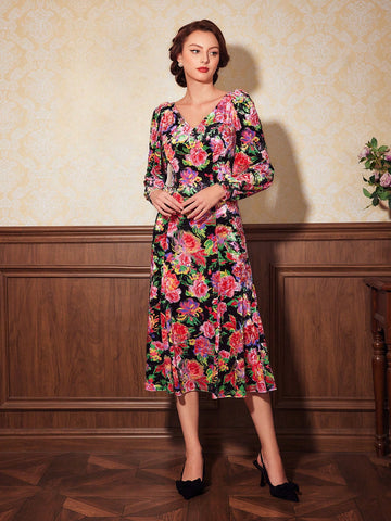 Floral Print Lantern Sleeve Mermaid Hem Dress