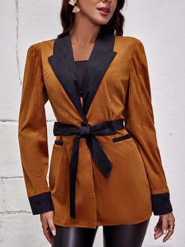 Ladies' Color Blocking Lapel Tie Waist Blazer