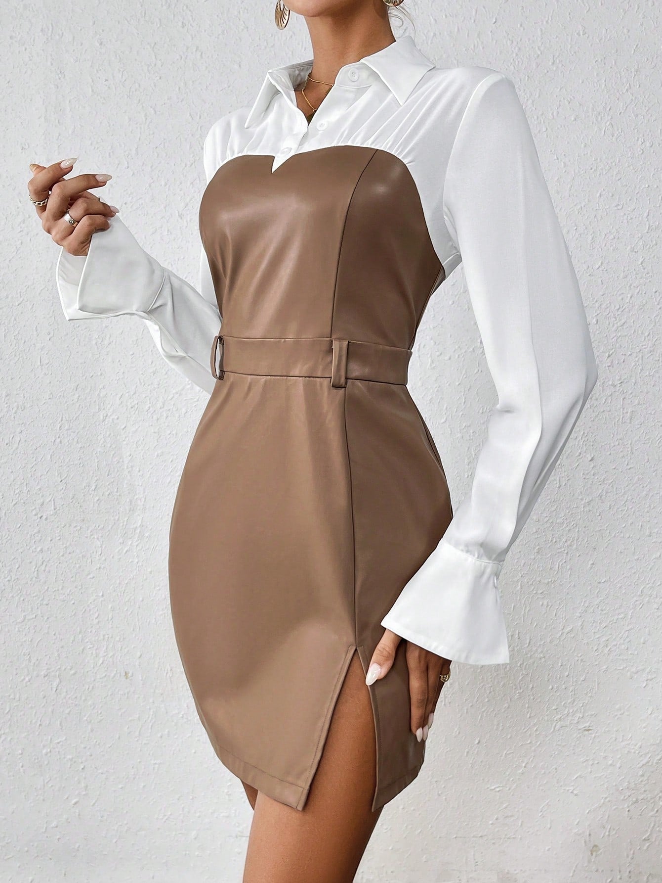 Two Tone Flounce Sleeve PU Leather 2 In 1 Dress