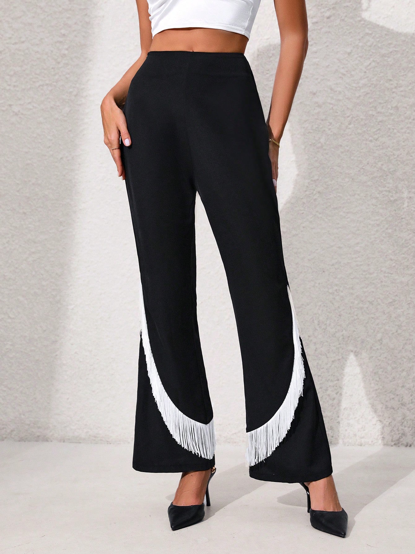 Fringe Trim Flare Leg Pants