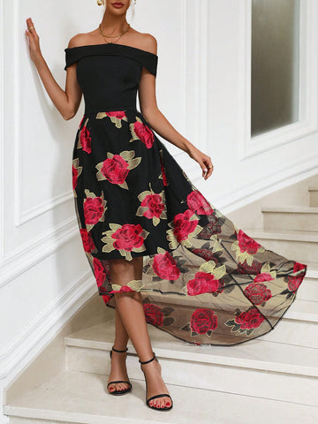 Floral Print Off Shoulder Mesh Overlay Hem Dress