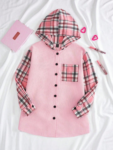 Plaid Print Drop Shoulder Hooded Shirt