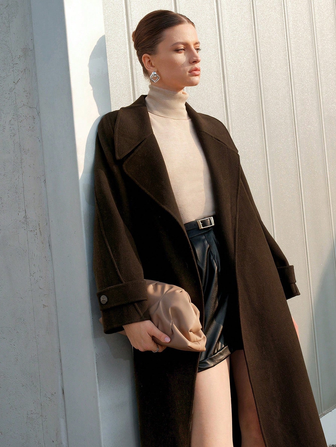 Lapel Neck Open Front Overcoat Without Belt