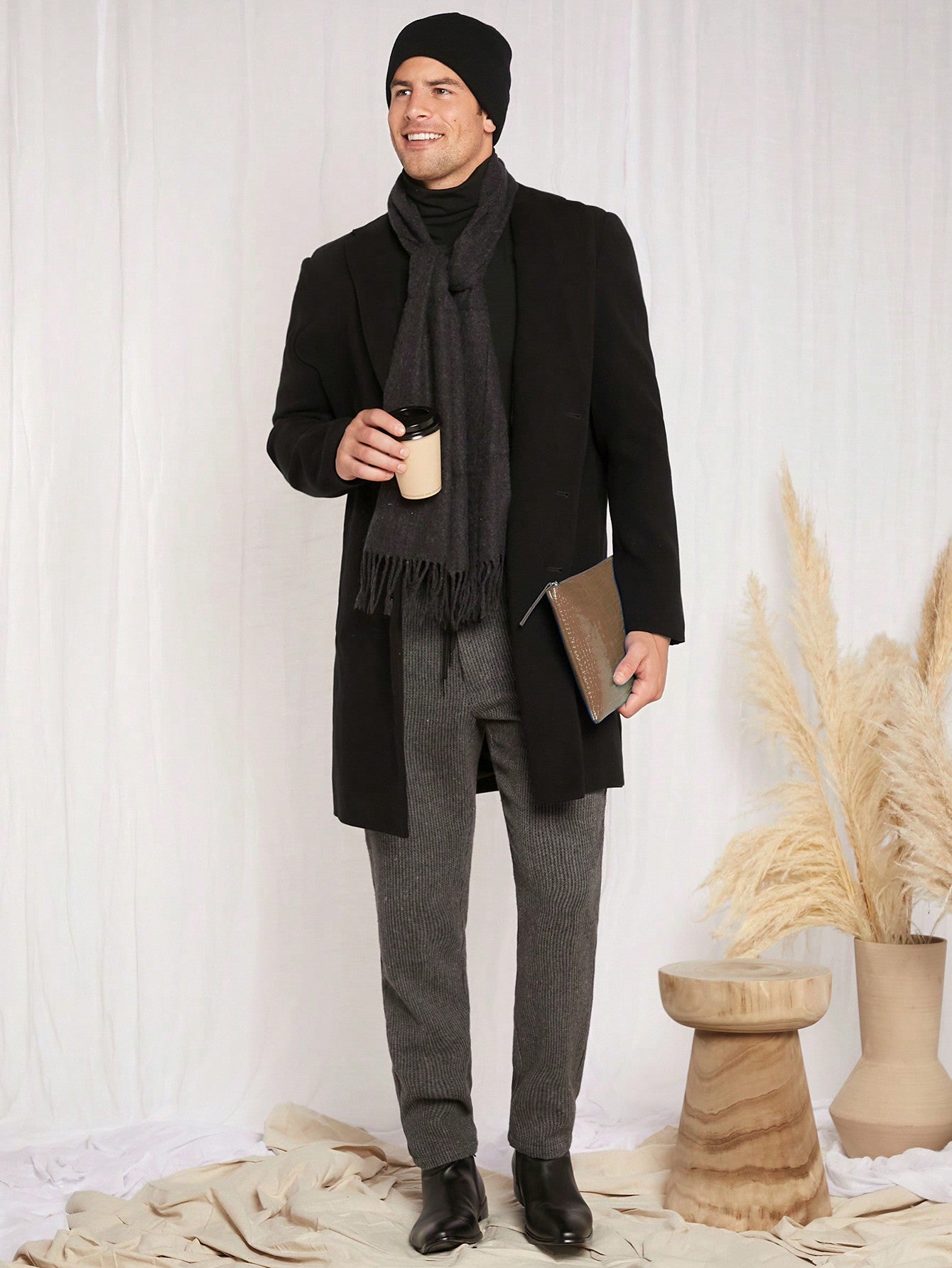 Men Lapel Neck Solid Loose Overcoat Without Scarf