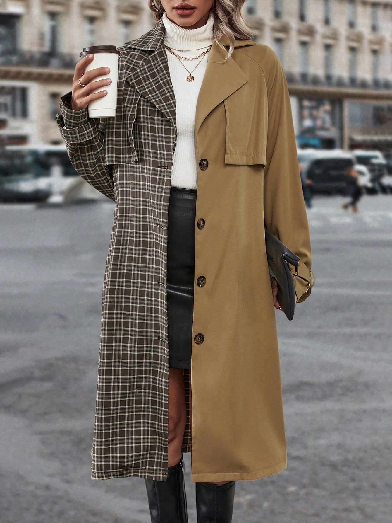 Plaid Print Colorblock Raglan Sleeve Belted Trench Coat