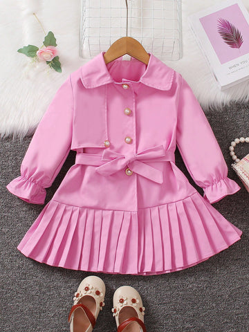 Young Girl Flare Sleeve Pleated Hem Belted Coat