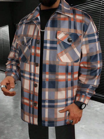 Men's Plaid Turn-down Collar Pocketed Woolen Coat