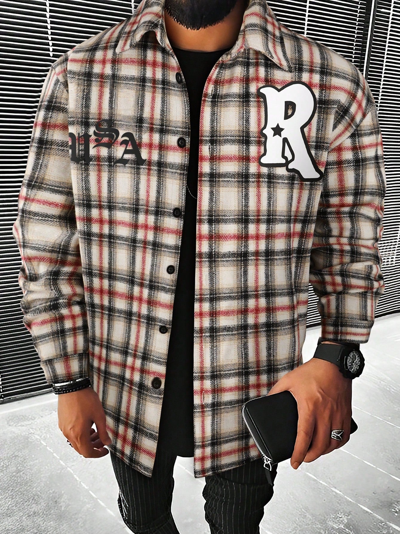 Men's Checkered Long Sleeve Shirt With Fleece Collar