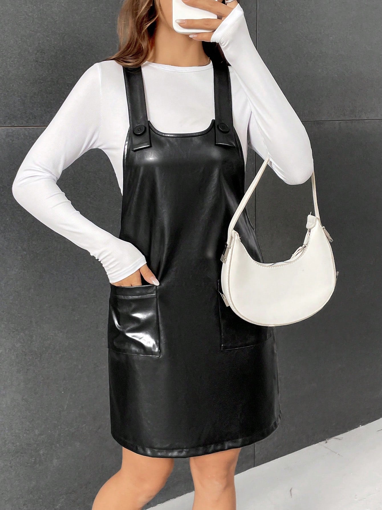 Dual Pocket PU Leather Overall Dress Without Tee