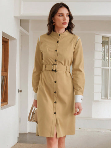 Women's Windbreaker Coat With Front Button Closure And Waist Belt