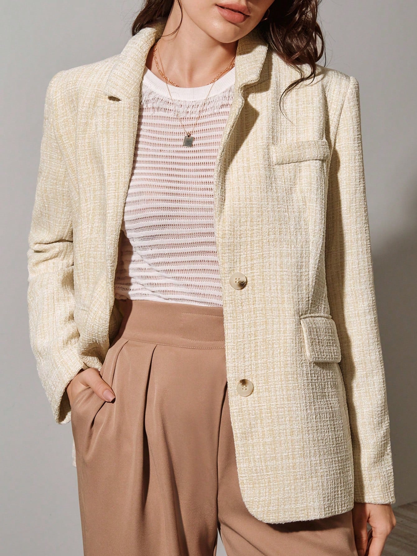 Lapel Neck Flap Detail Tweed Blazer