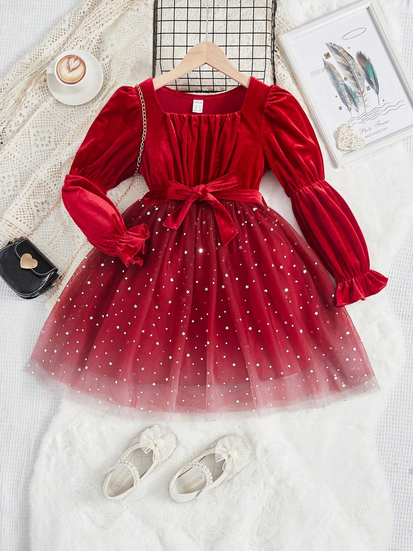 Tween Girl 1pc Square Neck Flounce Sleeve Star Mesh Hem Belted Dress