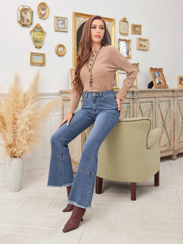 High Waist Raw Hem Flare Leg Jeans