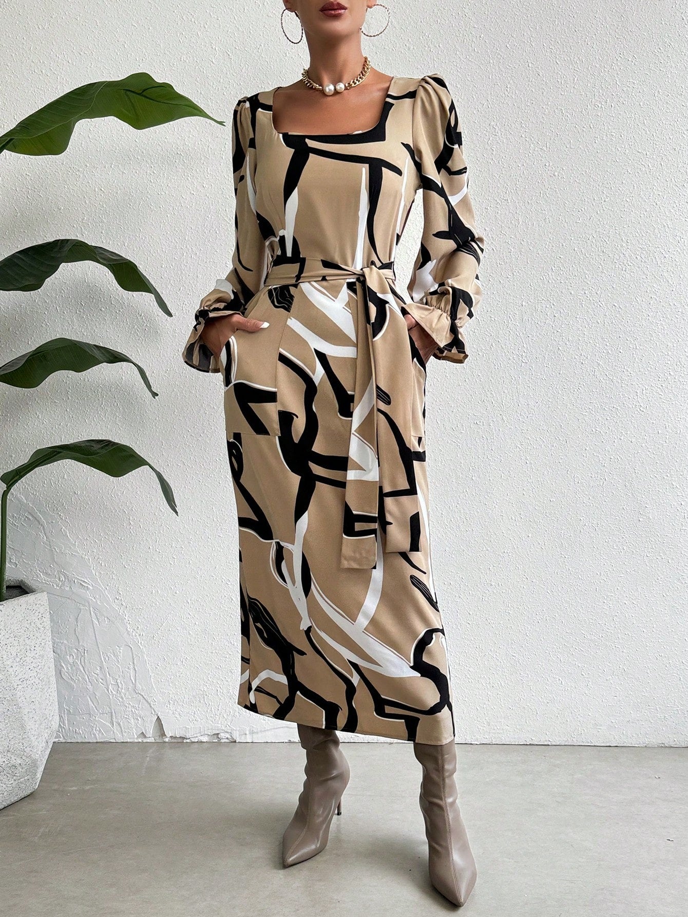 Vintage Geometric Printed Belted Dress