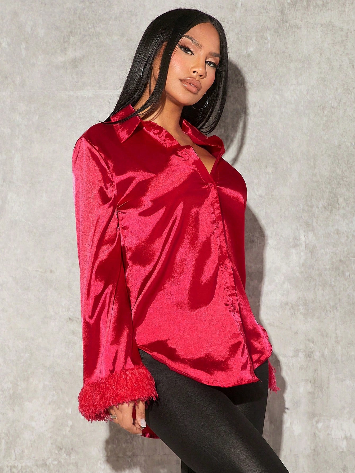 Fuzzy Cuff Satin Shirt