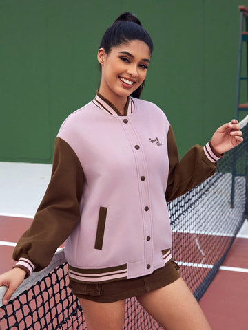 Letter Embroidered Colorblock Drop Shoulder Varsity Jacket,Women Tennis Outfit