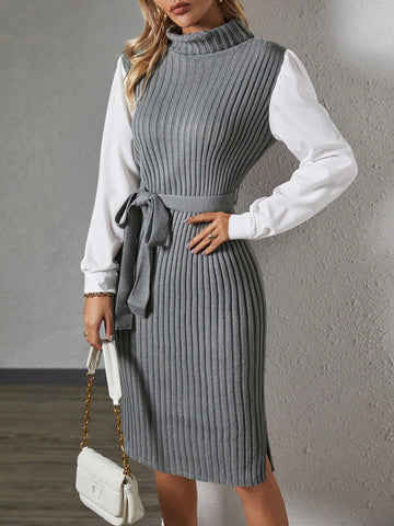 Colorblock Turtleneck Belted Sweater Dress