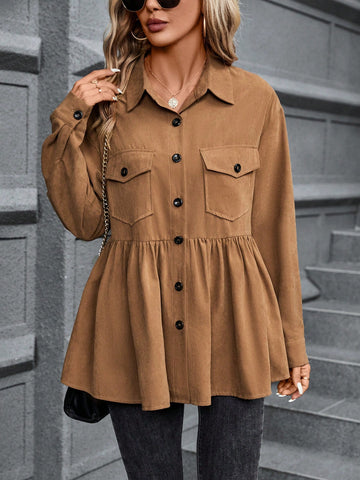 Flap Pocket Drop Shoulder Peplum Hem Button Front Shirt