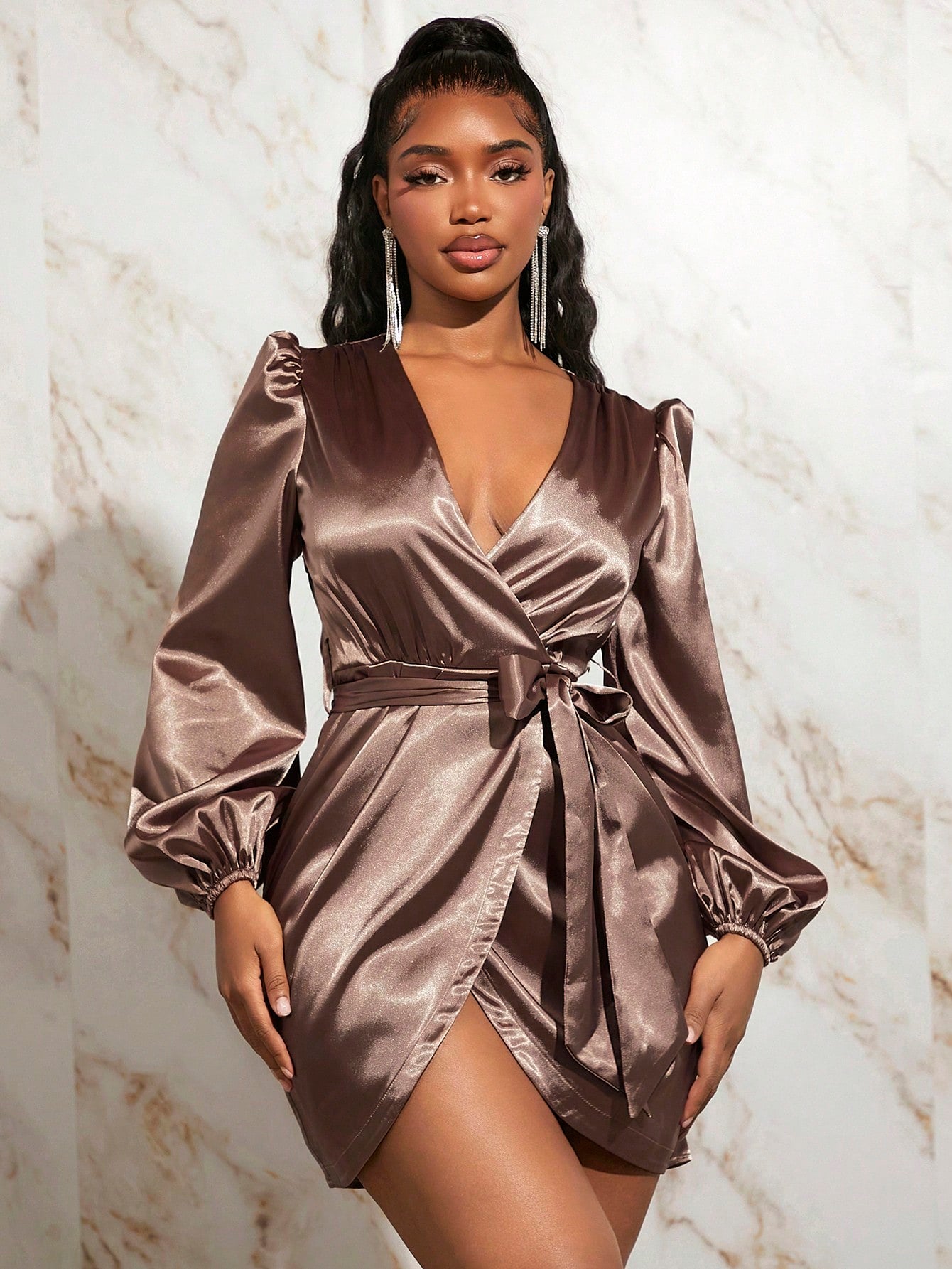 Lantern Sleeve Wrap Belted Satin Dress