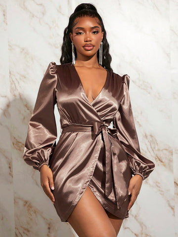 Lantern Sleeve Wrap Belted Satin Dress