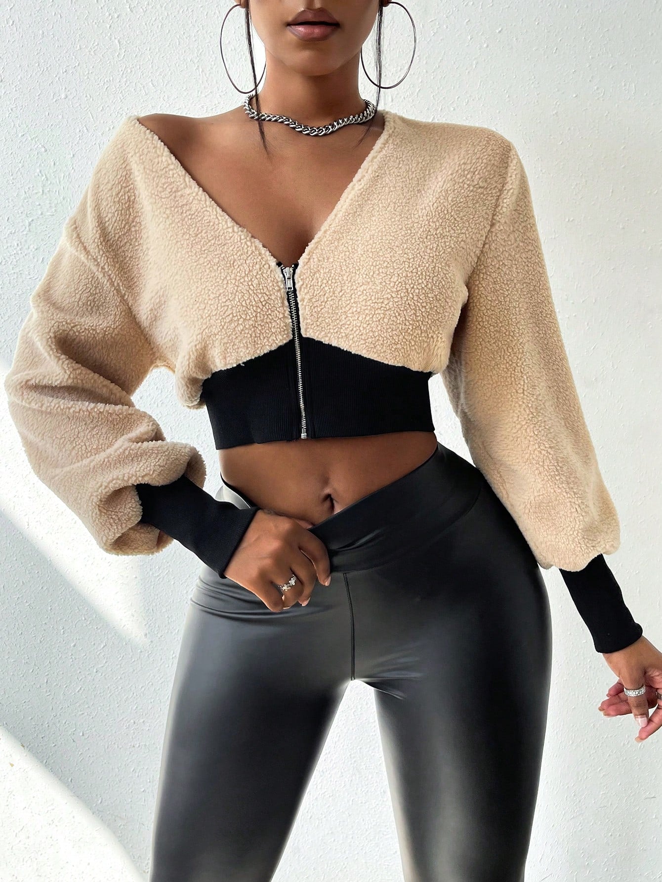 Two Tone Lantern Sleeve Crop Teddy Jacket