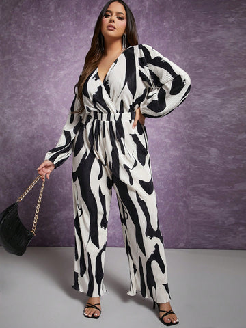 Plus Print Surplice Neck Jumpsuit