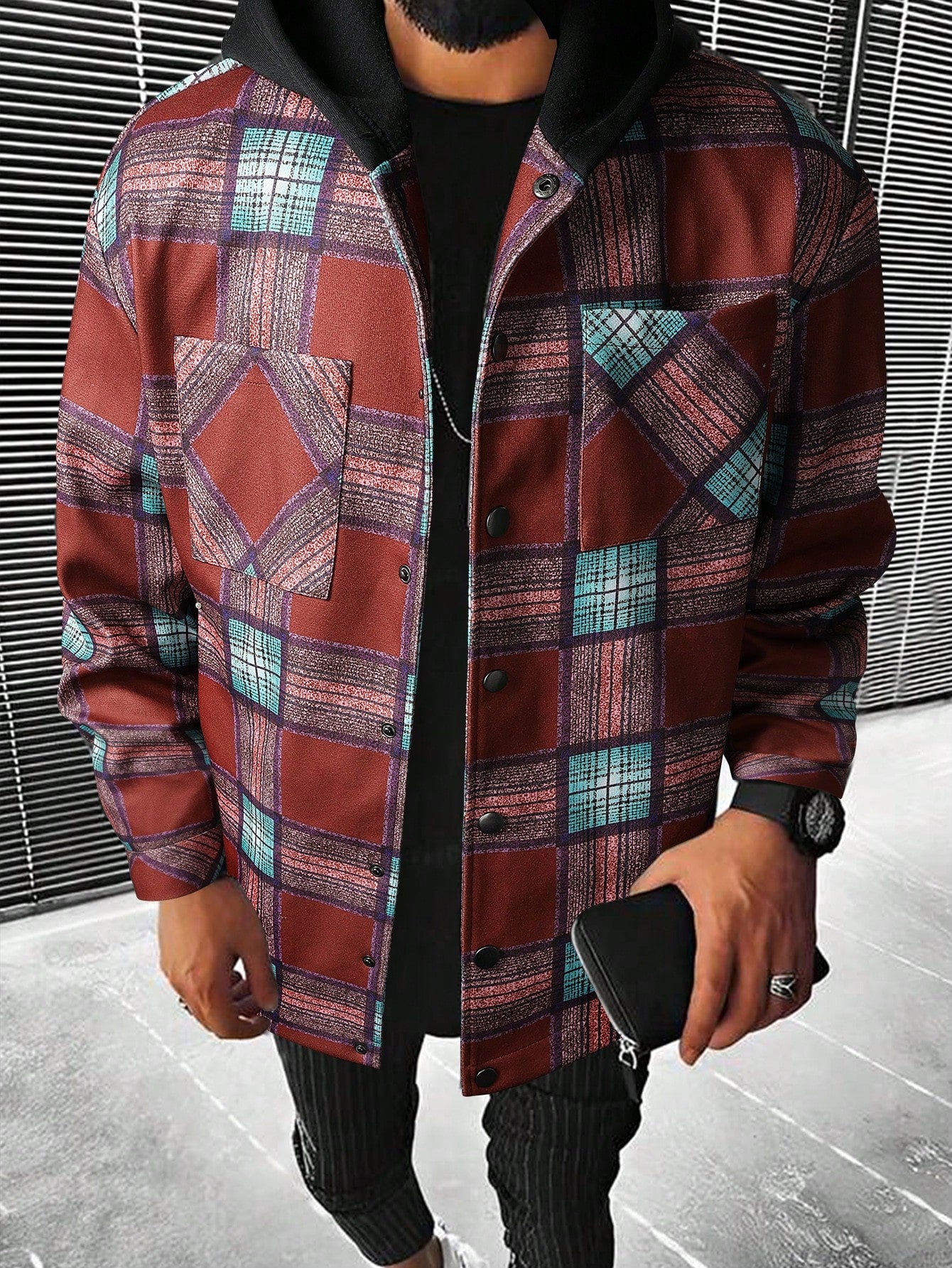 Loose Fit Men's Plaid Print Overcoat With Pocket Patch