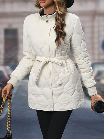 Slant Pockets Belted Quilted Coat