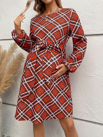 Maternity Waist Knot Grid Pattern Dress