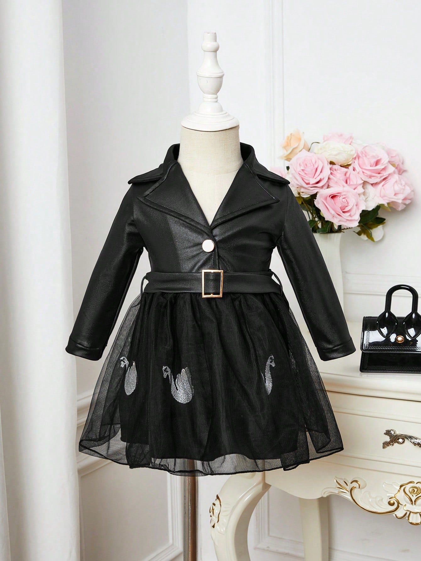 Baby Girl Lapel Neck Mesh Overlay Belted PU Leather Dress