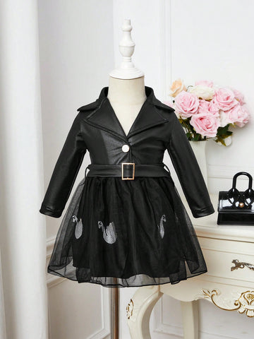 Baby Girl Lapel Neck Mesh Overlay Belted PU Leather Dress