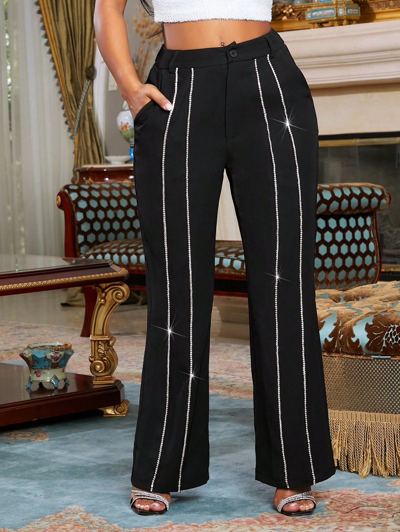 Rhinestone Detail Flare Leg Suit Pants