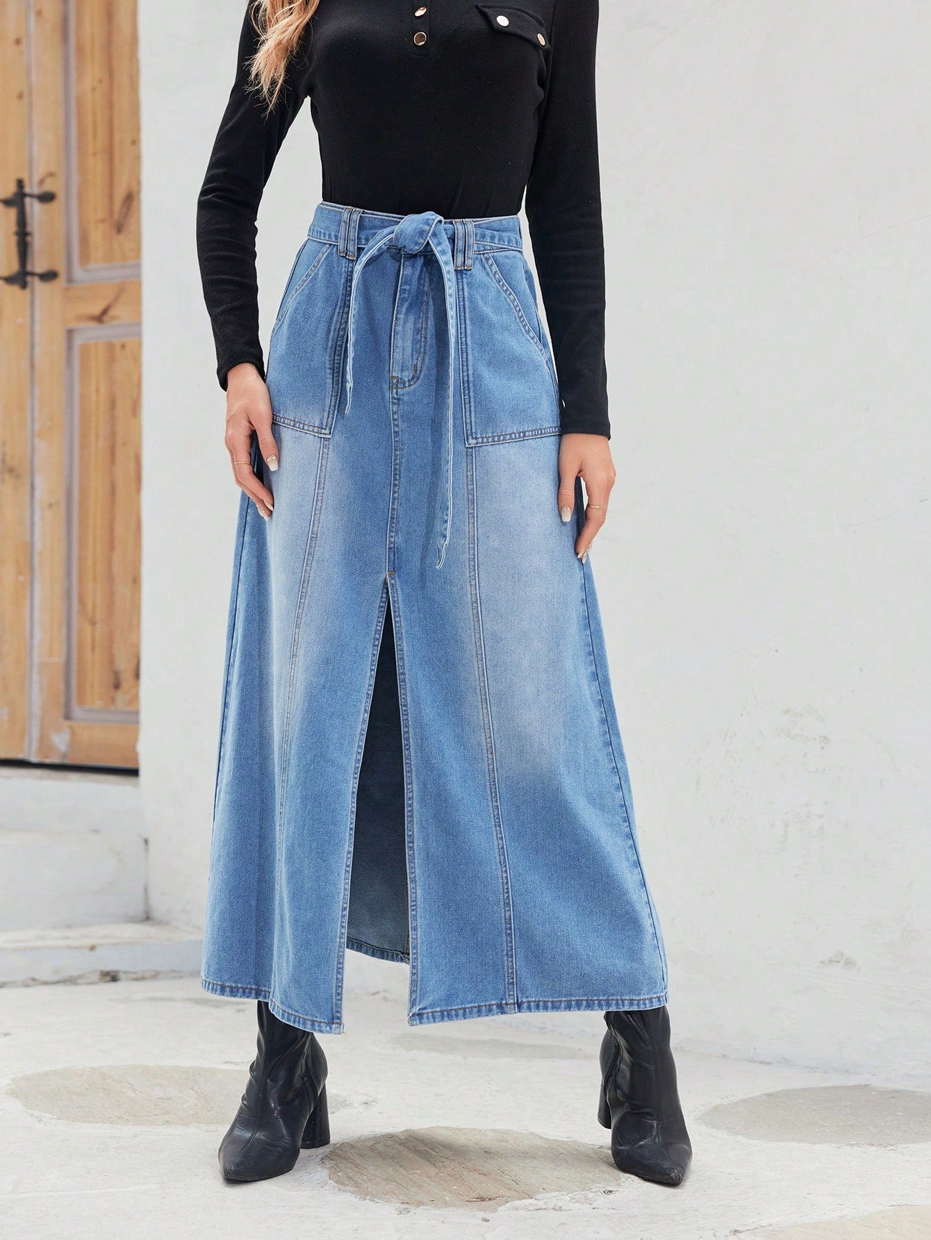 High Waist Split Thigh Belted Denim Skirt