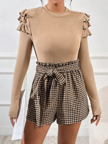 Flounce Hem Detail Long Sleeve Top And Houndstooth Pattern Mini Skirt Two Piece Set