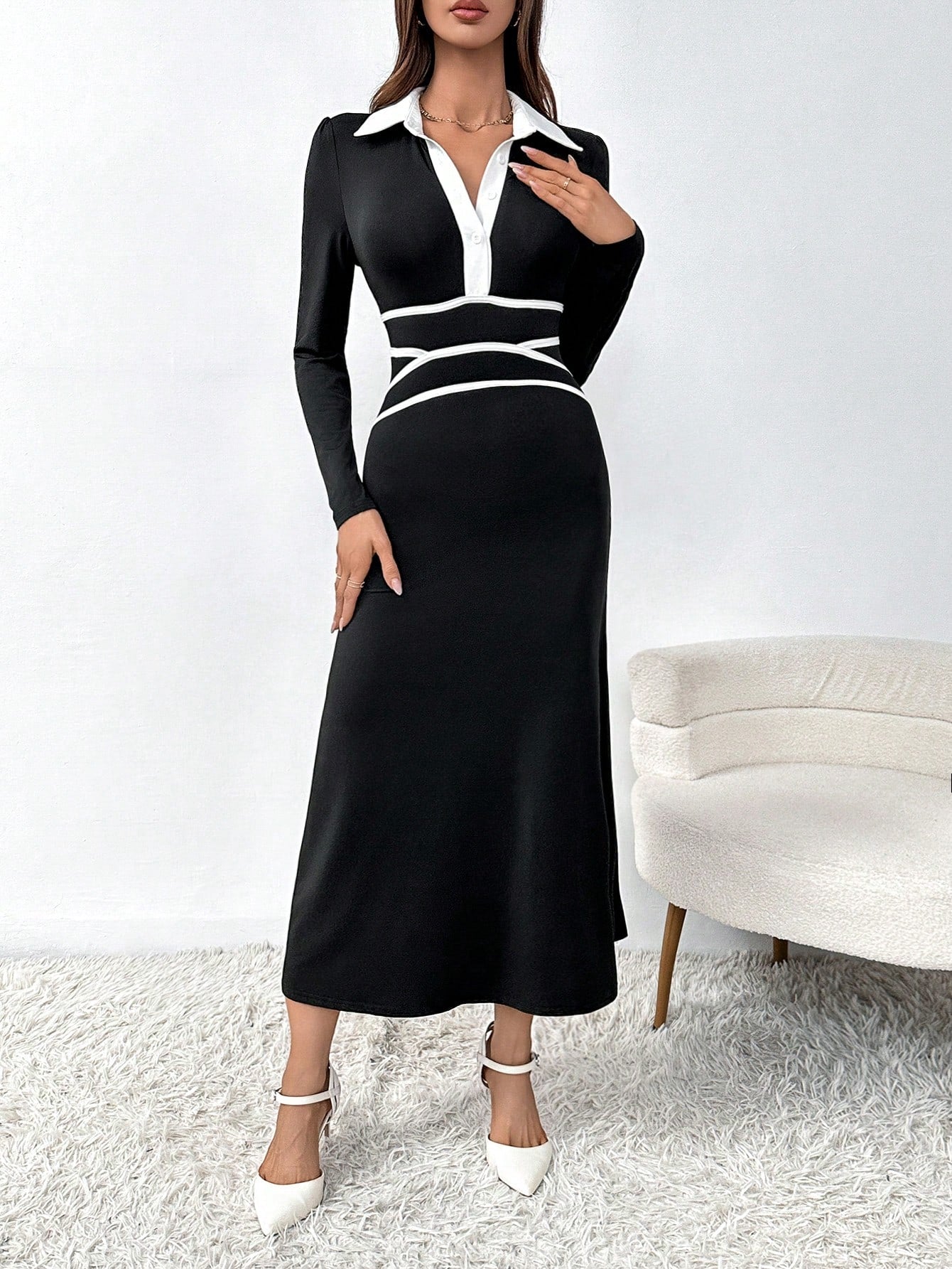 Contrast Trim Polo Neck Dress