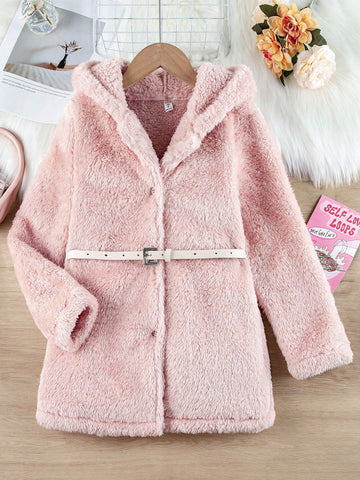 Tween Girls' Hooded Double-sided Long Fleece Coat With Belt In Pink Colour